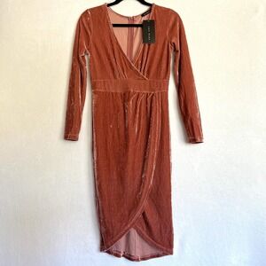 NEW Lac Bleu Velvet Long Sleeve Dress Stretch‎ Pink Rose Party Cocktail Velour M